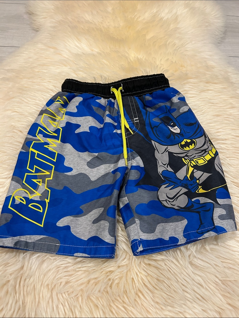 Batman Blue and Gray Camo Swim Trunks with Yellow Accents